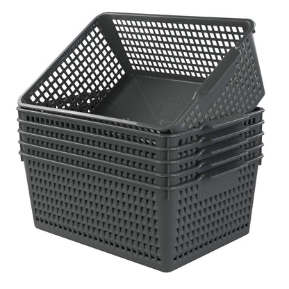 Rinboat Large Plastic Rectangle Storage Baskets, Gray, 6 Pack