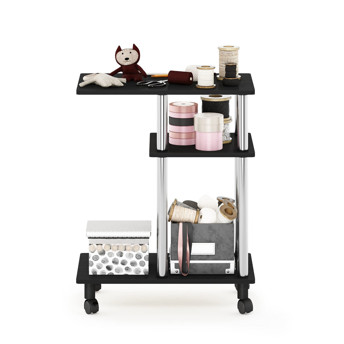 Furinno TURN-N-TUBE Side Table, 3-Tier C-Shape End Table with Wheels, Toolless Assembly Night Stand, Bedside Table with Open Shelf, for Living Room
