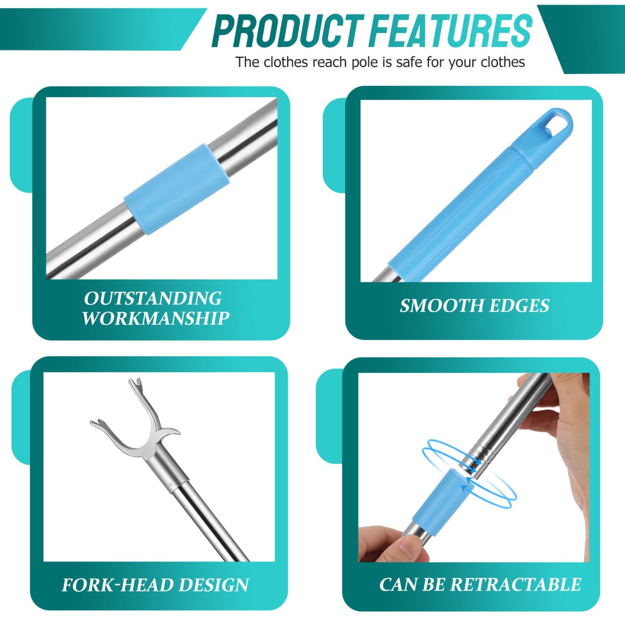 PRETYZOOM Adjustable Clothes Pole Telescoping Reach Stick Detachable Clothes Drying Rod for Wardrobe and High Reach Clotheslines Sky-Blue