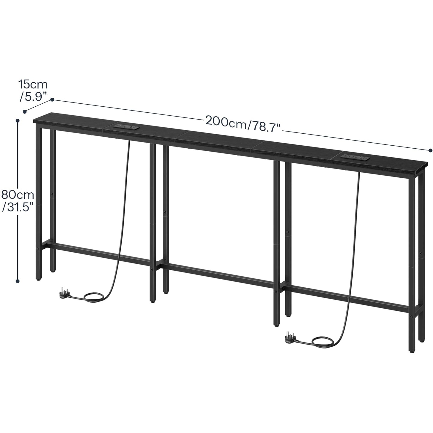 HOOBRO 200 cm Slim Console Table with 2 Charging Stations, Narrow Behind Sofa Table, Long Hallway Table with Adjustable Feet, for Hallway