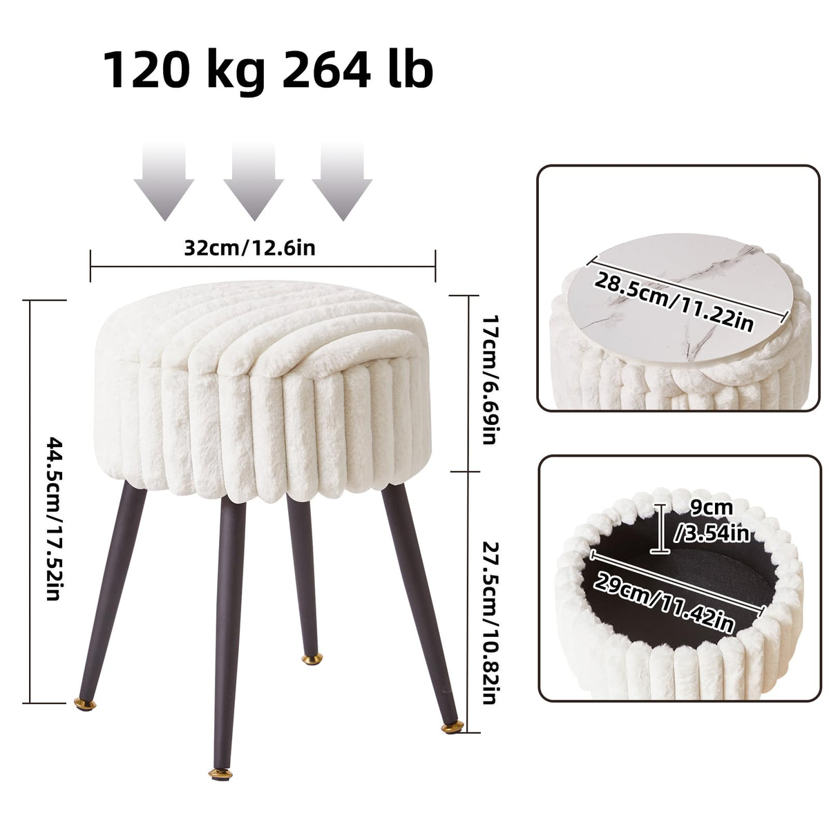 Aibiju Velvet Dressing Table Stool, Round Vanity Stool with Storange, Bedroom Chair with Metal Legs for Home Living Room Fitting Room Bedroom
