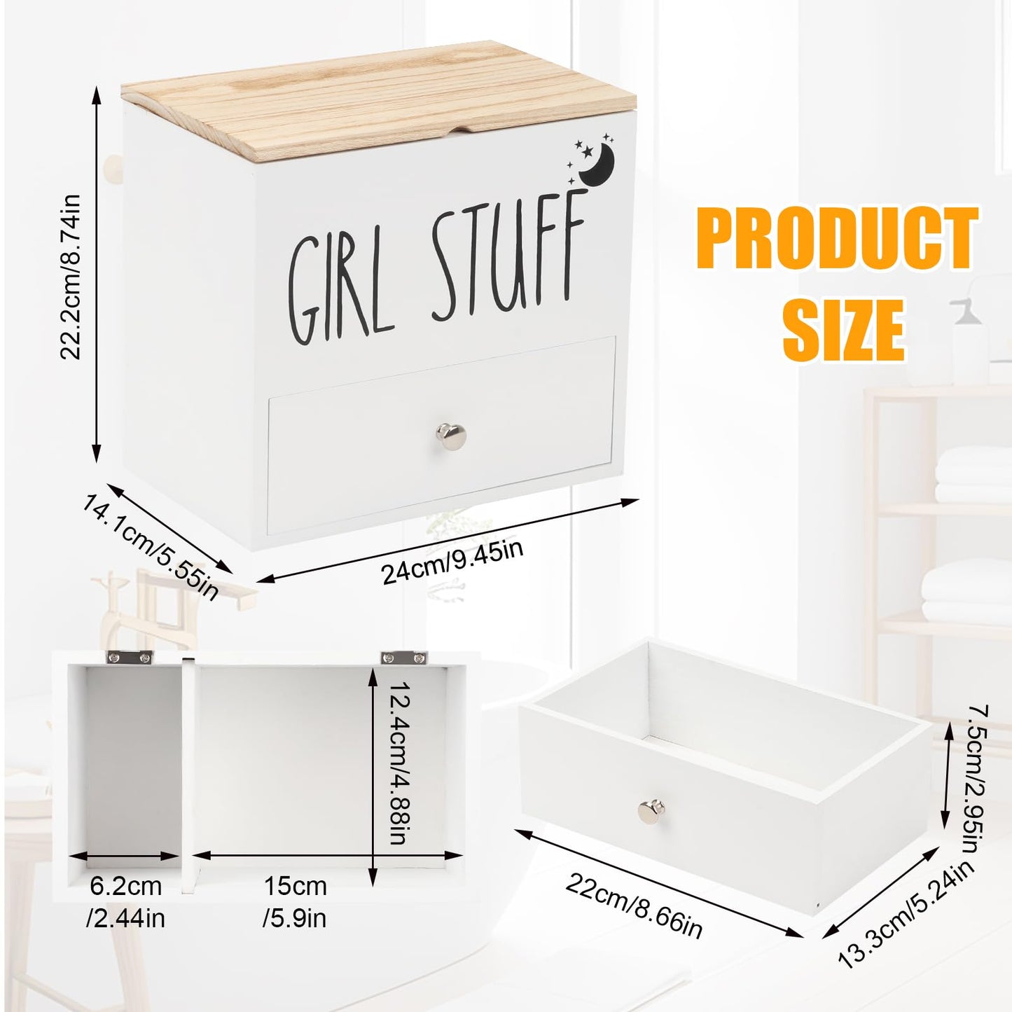 BigKing Sanitary Napkin Organizer with Drawer and Lid, Wooden Sanitary Napkin Box, 24 x 14.1 x 22.2 cm, Mobile Divider, Bathroom Sanitary Napkin Box