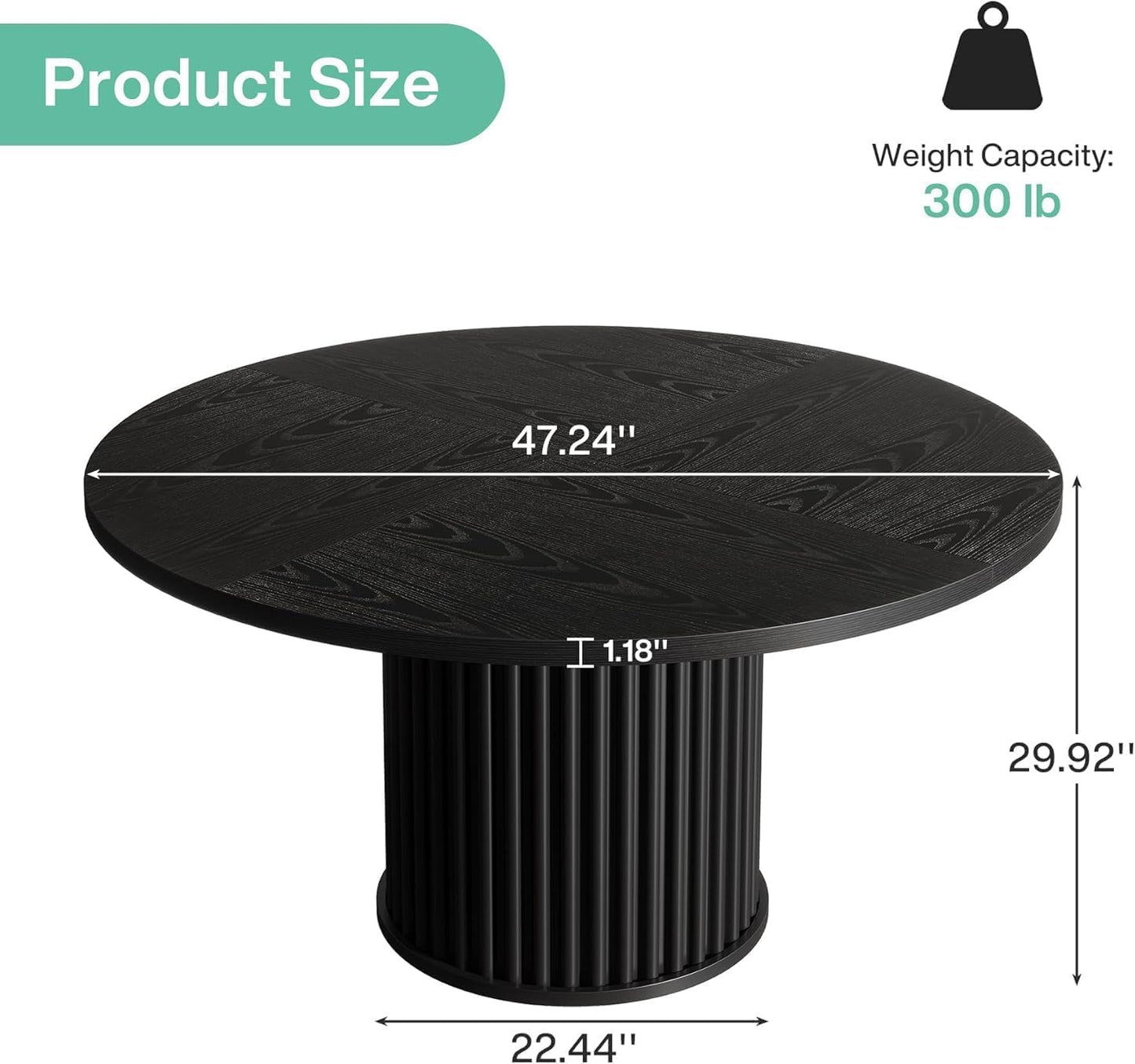 Tribesigns 47-Inch Black Round Dining Table for 4-6 People, Modern Circle Kitchen Table with Fluted Round Base