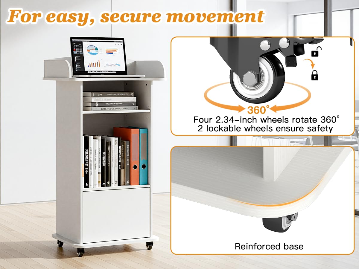 Suuiwau Portable Podium Stand with Adjustable Shelf & Lockable Wheels