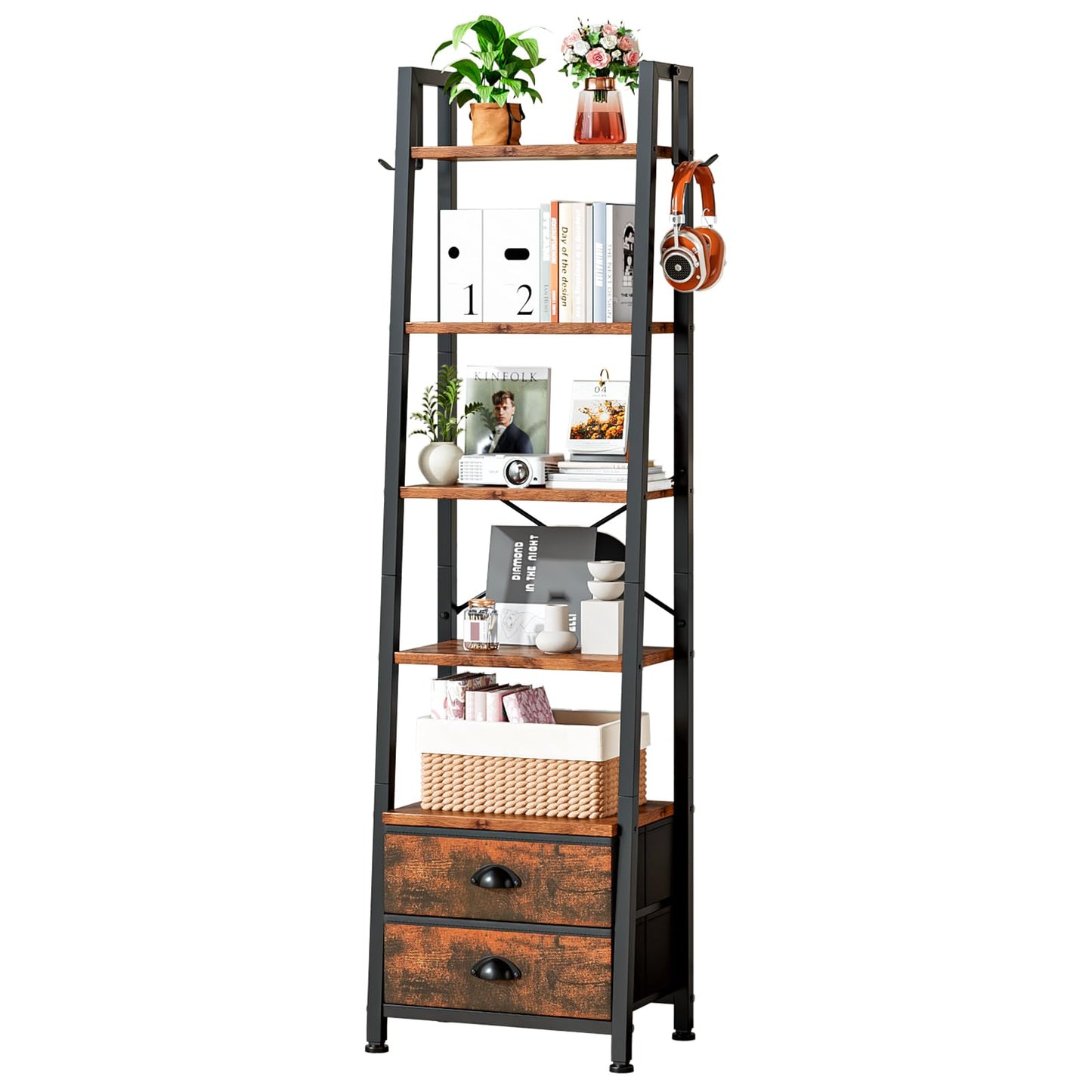 Wooruy 5 Tier Narrow Bookshelf with 2 Fabric Drawers Corner Ladder Shelf