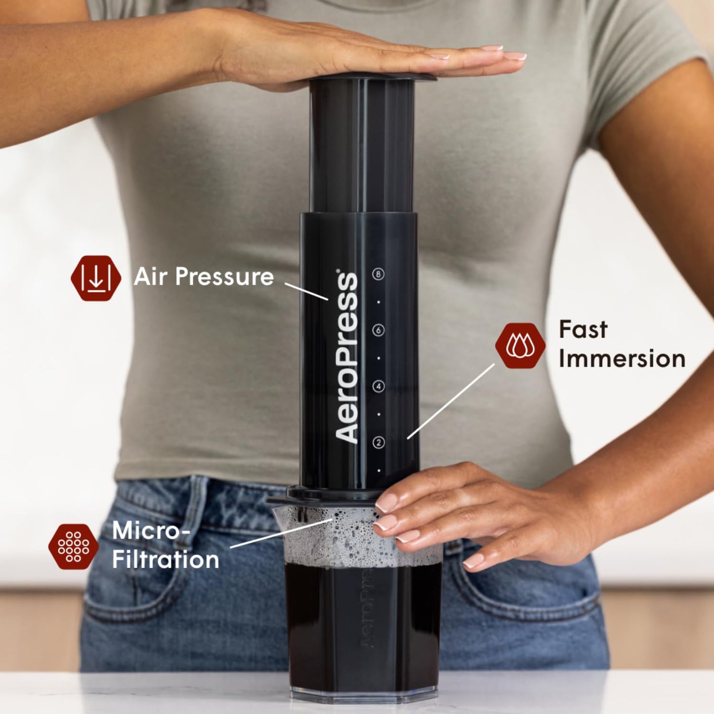 AeroPress XL Coffee Press  3 in 1 brew method combines French Press, Pourover, Espresso. Full bodied, smooth coffee without grit or bitterness. Small