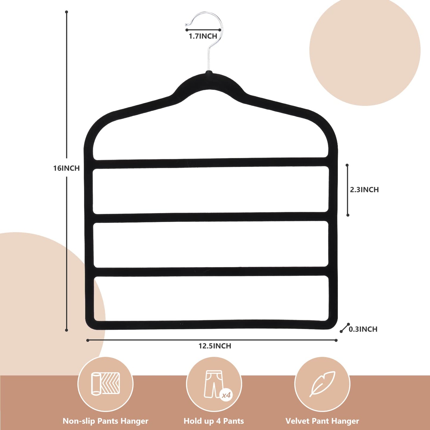 3 Pack Velvet Trouser Hangers - Space Saving, Non Slip for Jeans, Trousers, Leggings, Tie, Scarf and Towel - Multi Layer Pants Hanger for Clothes