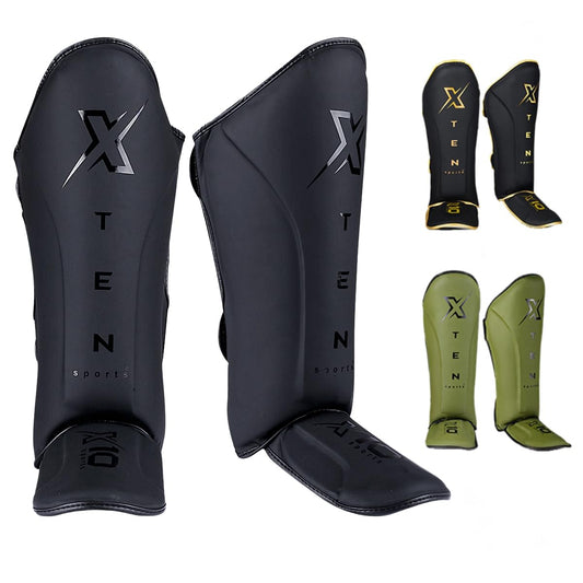 XTEN SPORTS Shin Guards Muay Thai, MMA, Gel Integrated Padding, Training Sparring, Boxing, Kickboxing, BJJ, Taekwondo Protective Gear, Matte Black, S
