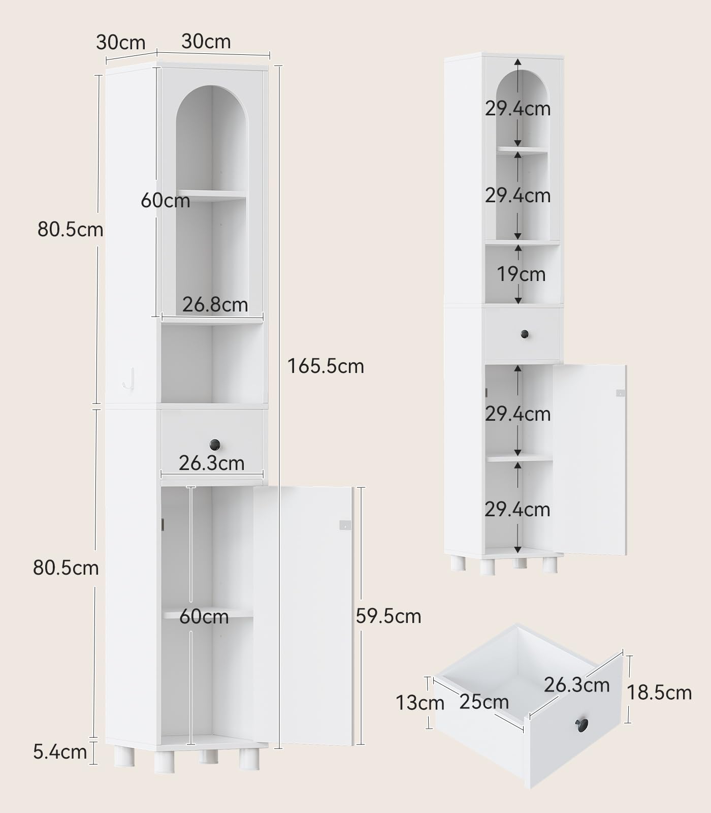 Coleshome Tall Bathroom Cabinet Slim Bathroom Storage White 30x30x171cm