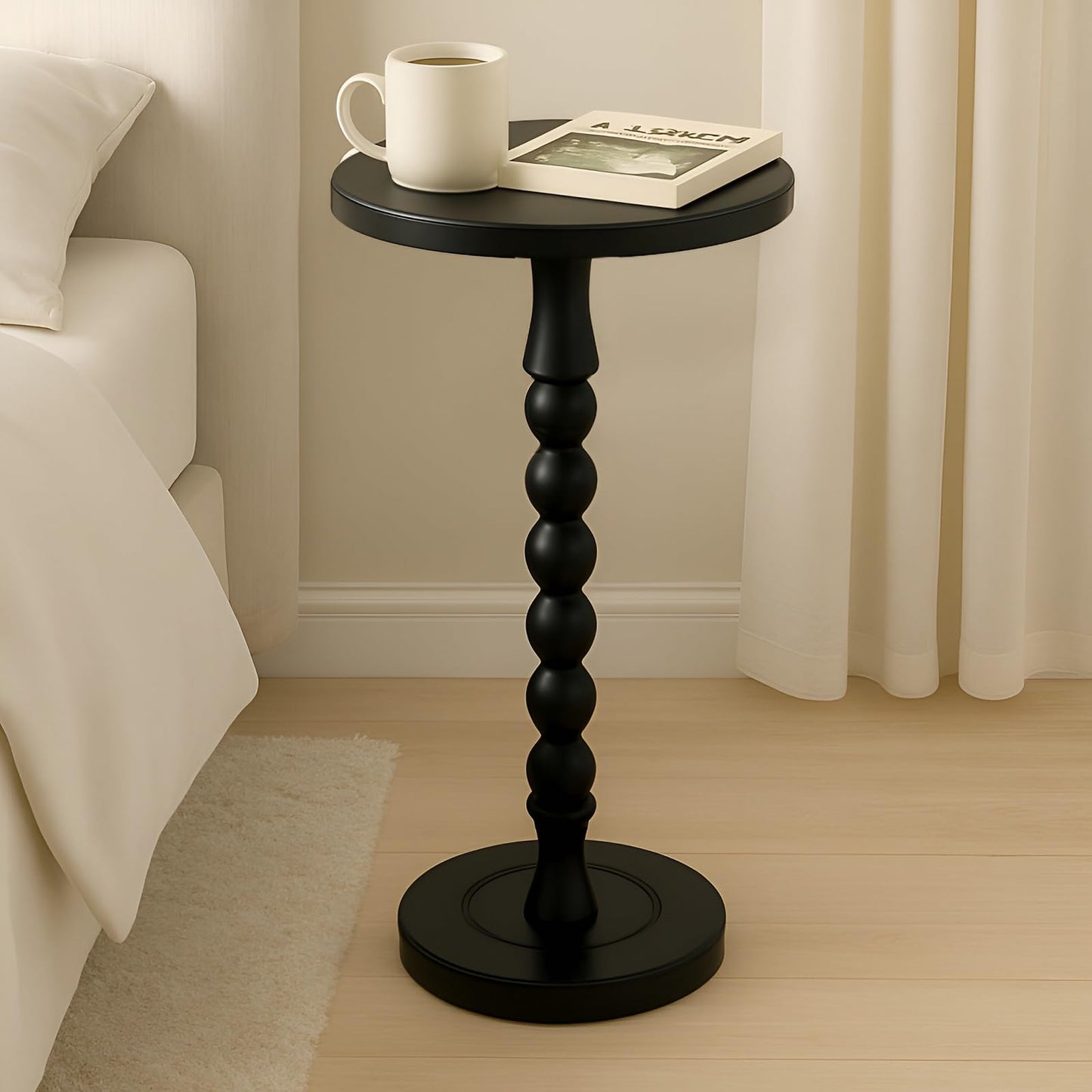 Lampaggio Round Side Table for Small Spaces, Drink Table with Oak Wood Pedestal, Modern End Table Nightstand for Living Room, Bedroom, Office
