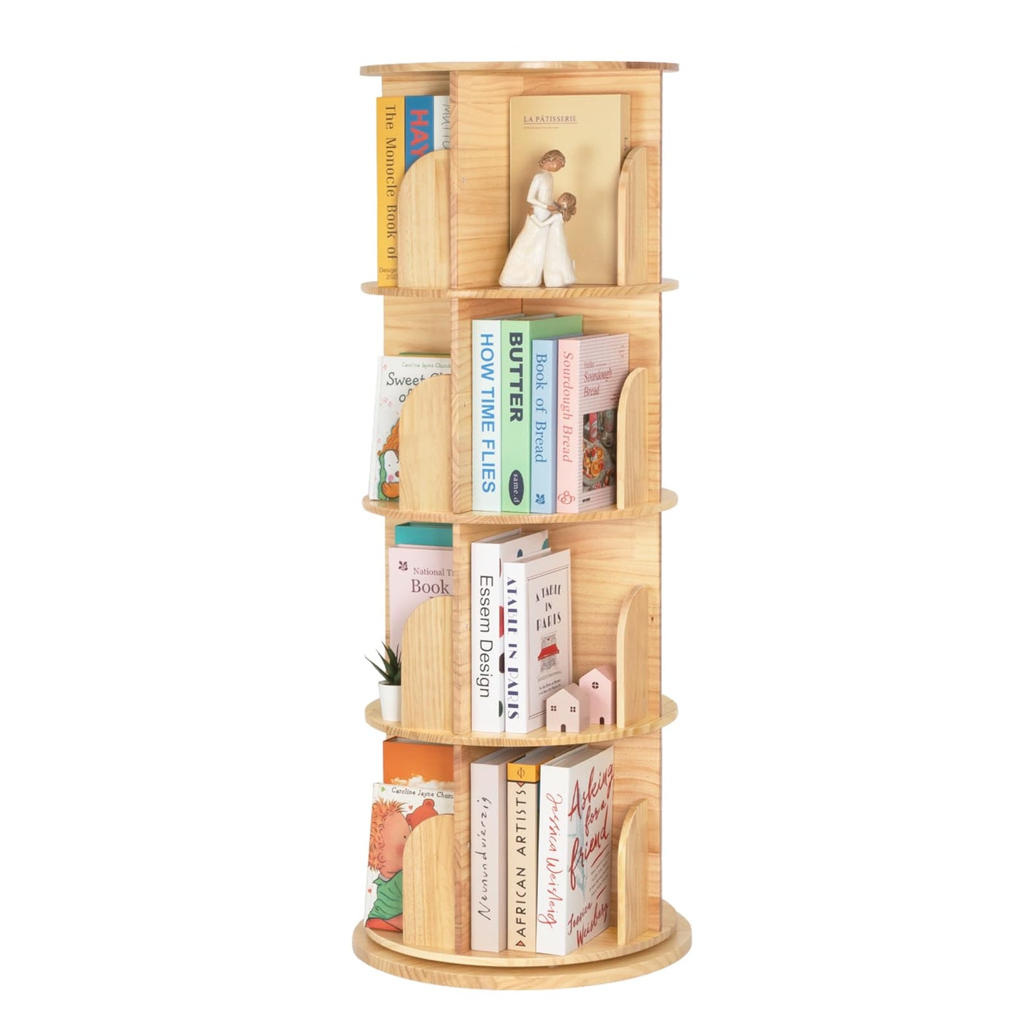 OOOK Wooden Rotating Bookshelf, 4-Tier 360° Spinning Solid Wood Revolving Bookcase, Space-Saving Floor Standing Spinning Bookshelf for Study Room