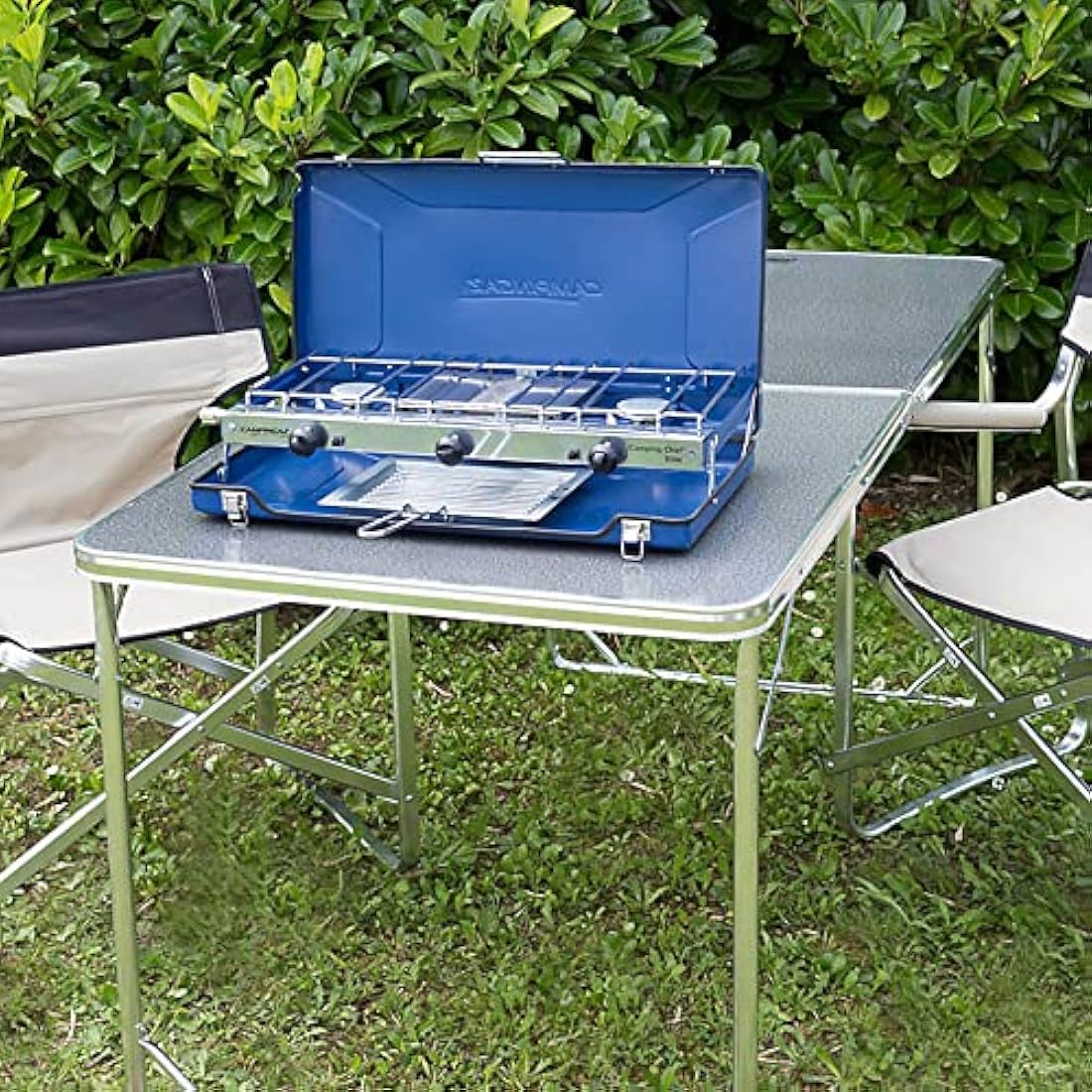 Campingaz Chef Folding Double Burner Stove and Grill, compact gas cooker for camping or festivals, Blue