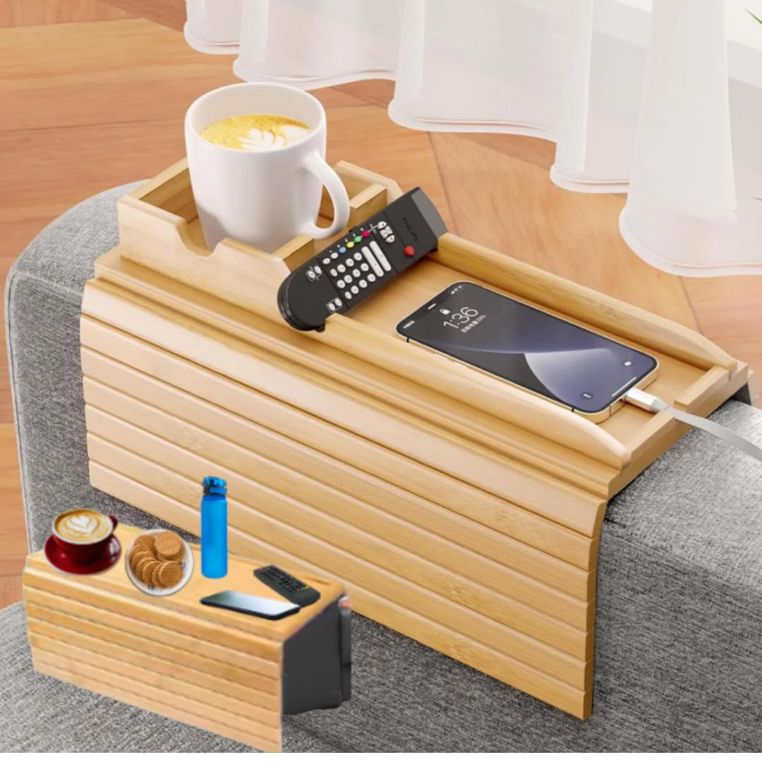 Naturebuz 2-in-1 Wooden Sofa Tray Table with Detachable Tray Bamboo Armrest Table Non-Slip fCups, Remotes, Bottles, Food, Drinks and Phones