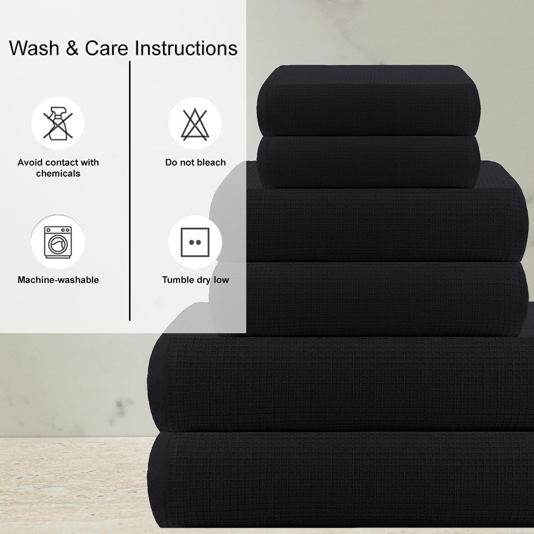 CASA COPENHAGEN Waffle 4-piece bath towel set – Black, 70x140 cm, Egyptian cotton, designed in Denmark, for bathroom, kitchen & shower
