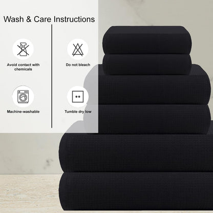CASA COPENHAGEN Waffle Terry 6-piece set, cotton, extra large, luxurious, black, 2 bath towels XL, 70x140 cm, 2 large hand towels, 50x80 cm