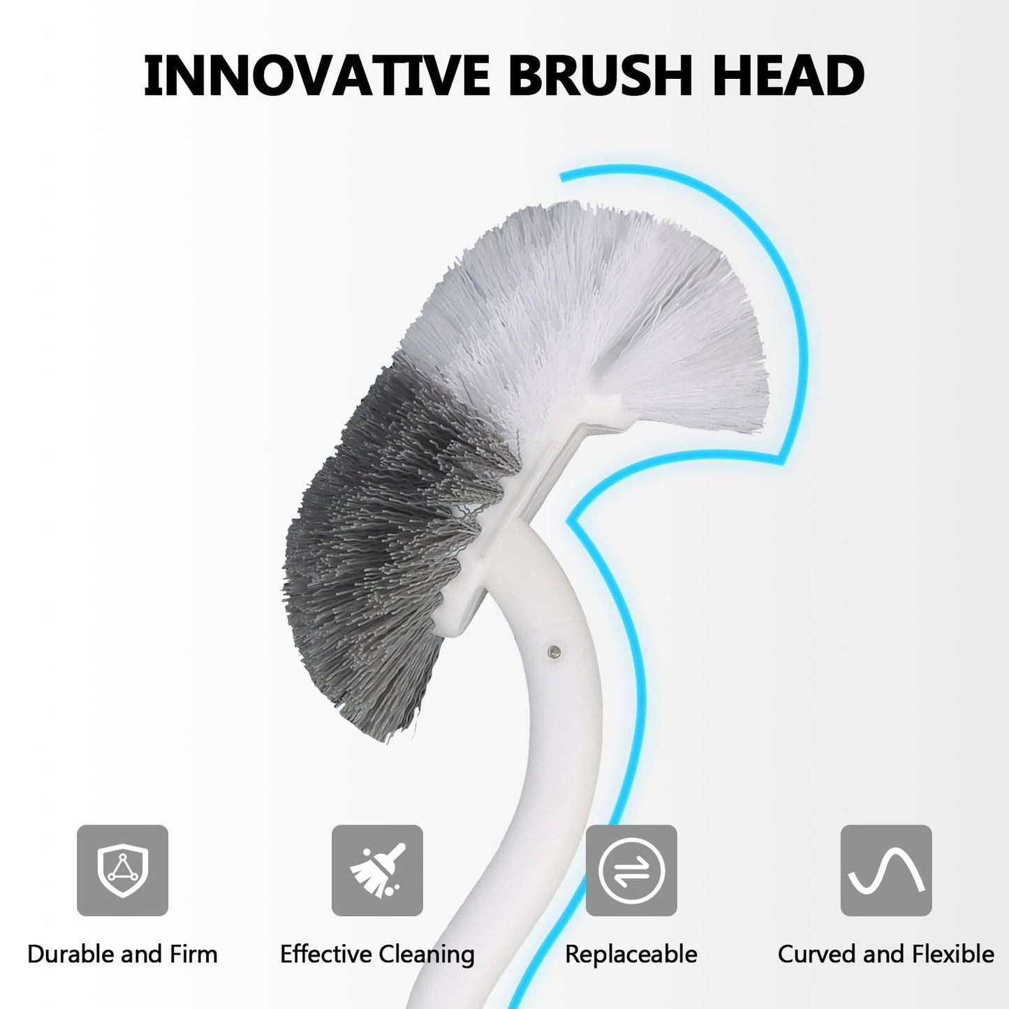 Toilet Brush, Toilet Brushes with Holders, Curved Toilet Brush with Edge Cleaner, Stainless Steel & Plastic Handle, Loo Brush Replacement Heads