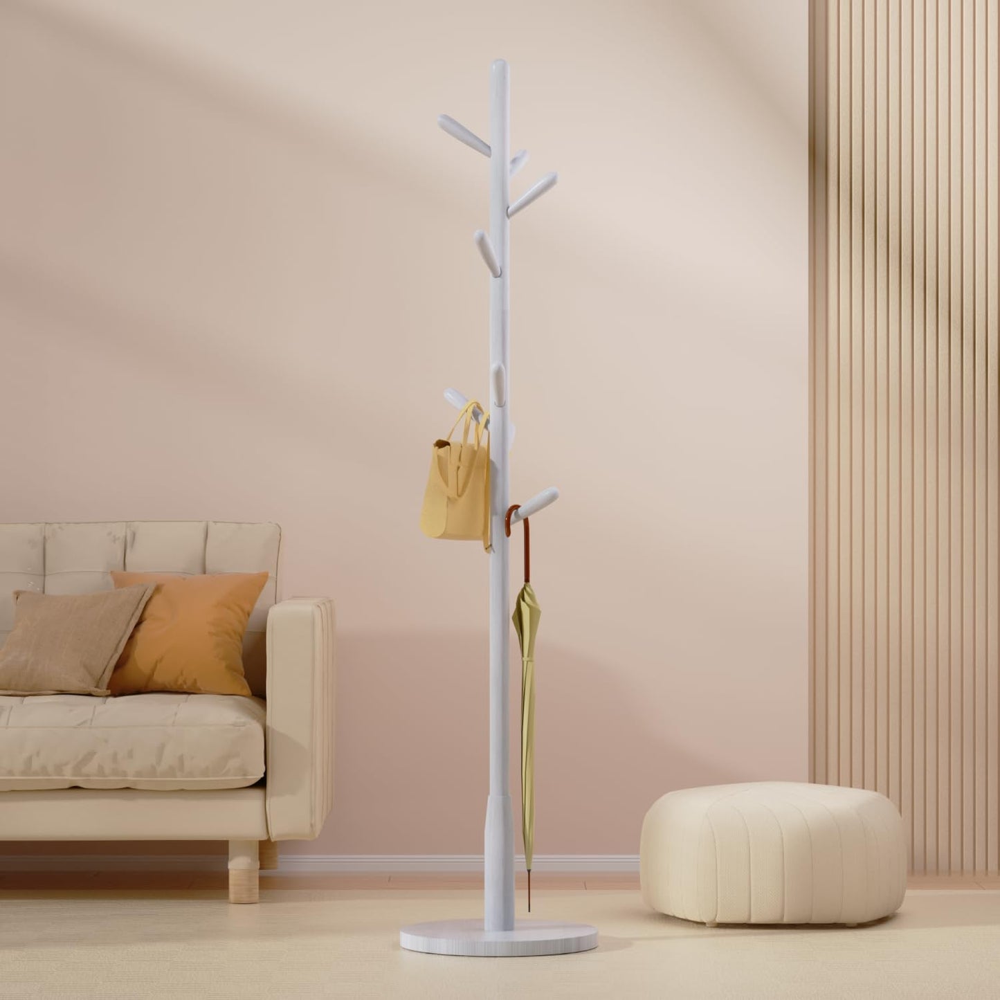 Awatiwa Solid Wood Round Base Coat Rack, Free Standing Hall Coat Tree with 8 Hooks（+2 spare for Coats, Hats, Bags, Purses, for Entryway, Hallway