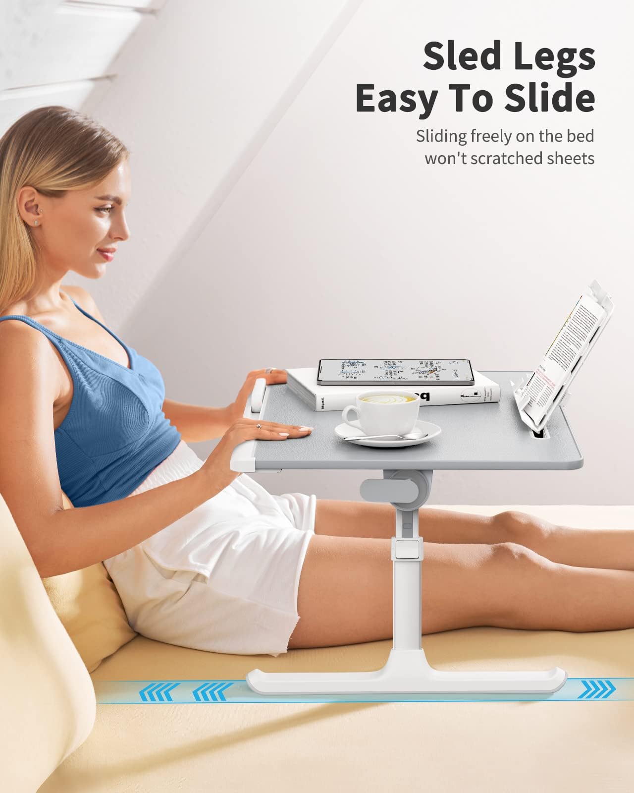 SAIJI Laptop Table, 60 x 50 cm Large Desktop, Multifunctional Bed Table, Height Angle Adjustable, with Book Stand, Drawer, Lap Stopper, Tablet Slot