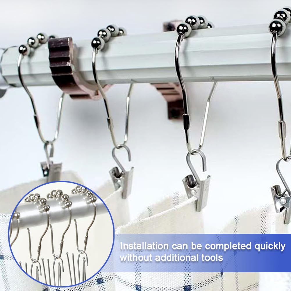 12 Pcs Stainless Steel Shower Curtain Hooks, Shower Curtains Rings, Shower-Rod Rail Rings for Bathroom Curtains Rods, Easy To Open, Close & Install