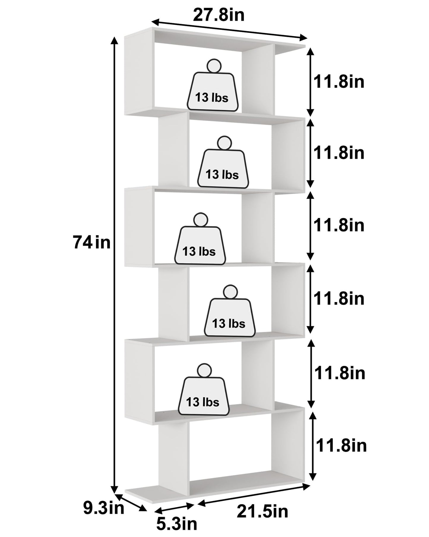 Yusong Bookshelf 6-Tier, Geometric Bookcase S Shaped Book Shelves for Bedroom, Modern Wood Decorative Display Shelf Tall Book Case for Home Office