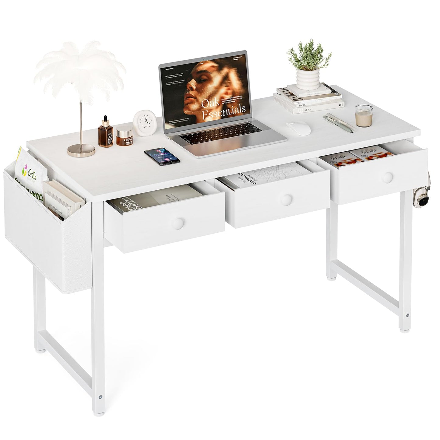 Grandder Small Computer Desk with 3 Fabric Drawers, 100 x 40 cm Home Office Desk with Storage Bags and Drawers