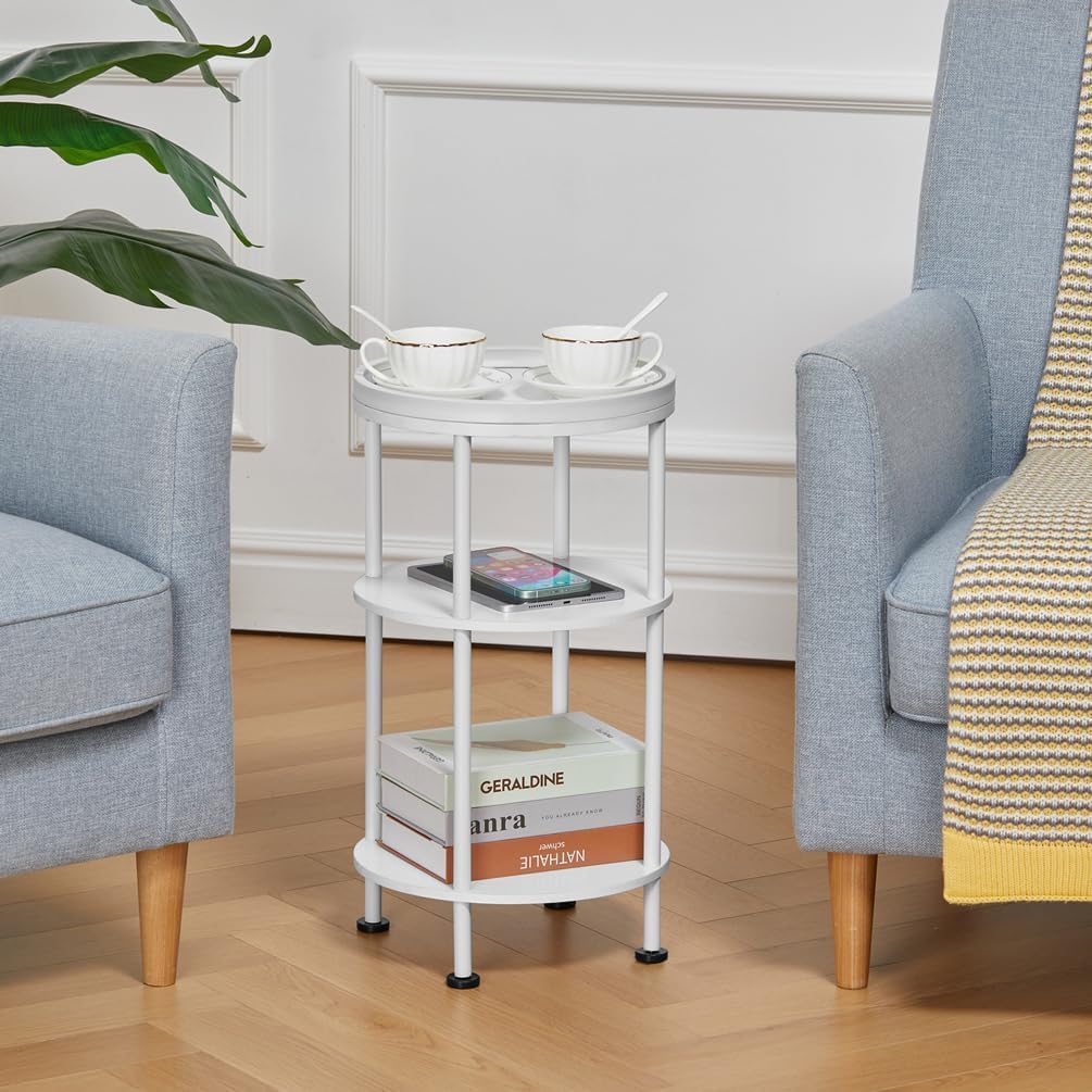YEAKOO Small White Side Table, Round End Table with Wood Grain Texture, 3-Tier Farmhouse Nightstand for Bedroom & Living Room