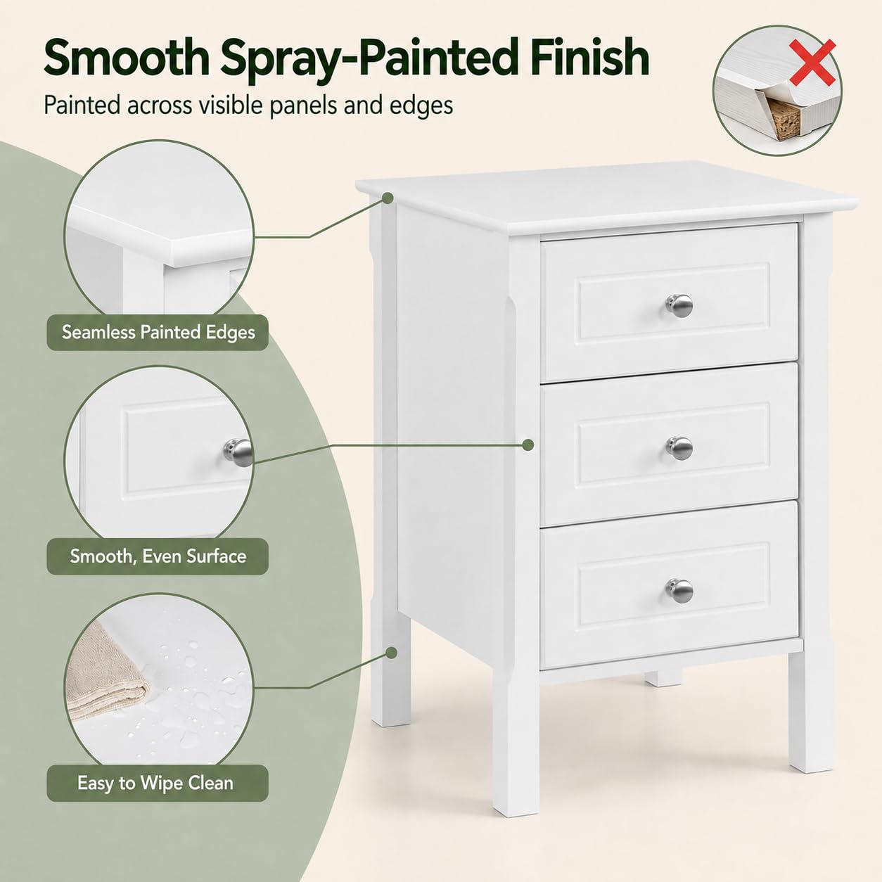 Yaheetech Bedside Table with 3 Drawers, White