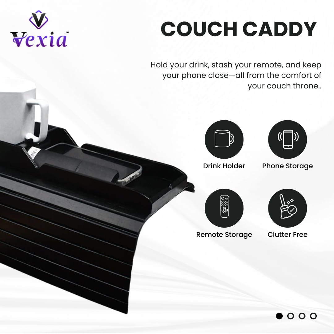 Vexia Couch Caddy Sofa Arm Tray with Phone & Tablet Holder | Flexible Black Bamboo Armrest Table for Drinks, Remotes & Snacks
