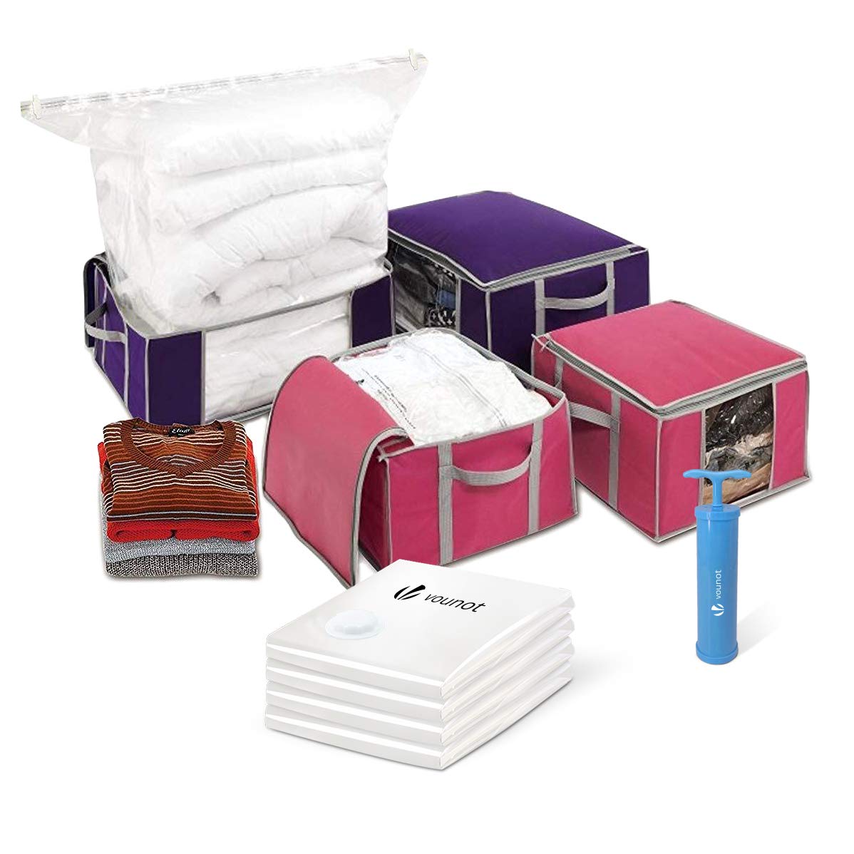 VOUNOT Set of 4 vacuum storage bag Large Capacity XXL | 4 Vacuum bags with 4 storage boxes | 2 small model 154L and 2 large models 484L