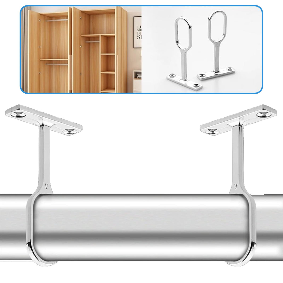 KOOLEVER Wardrobe Rails and Fittings, 4Pcs Oval Wardrobe Rail Bracket, Adjustable Support for Ceiling-Mounted Hanging Rails