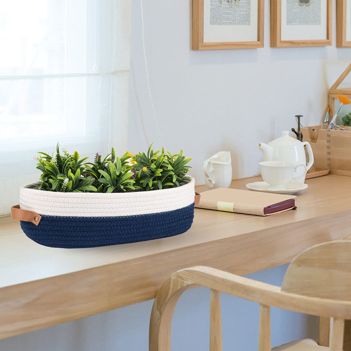 Oradrem Toilet Basket Woven Storage Basket for Toilet Tank Top Farmhouse Home Decor Organization Baskets 13 x 6 x 4 inch Navy Stitching White