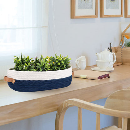 Oradrem Toilet Basket Woven Storage Basket for Toilet Tank Top Farmhouse Home Decor Organization Baskets 13 x 6 x 4 inch Navy Stitching White