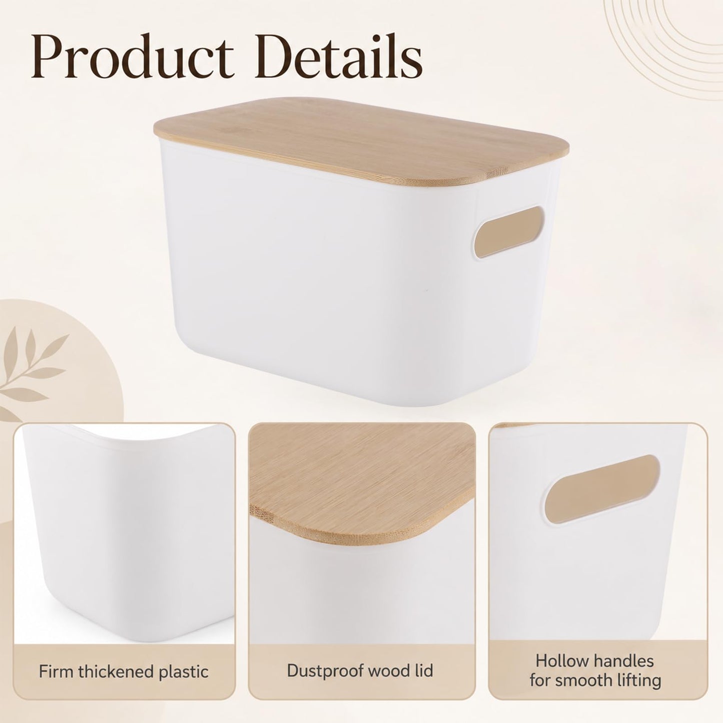 YAGOKKI 2 Pack Plastic Storage Boxes with Lid, 9.8 x 6.8 x 6.0 in Organising Boxes with Wood Lid, Stackable White Storage Box for Desktop Office