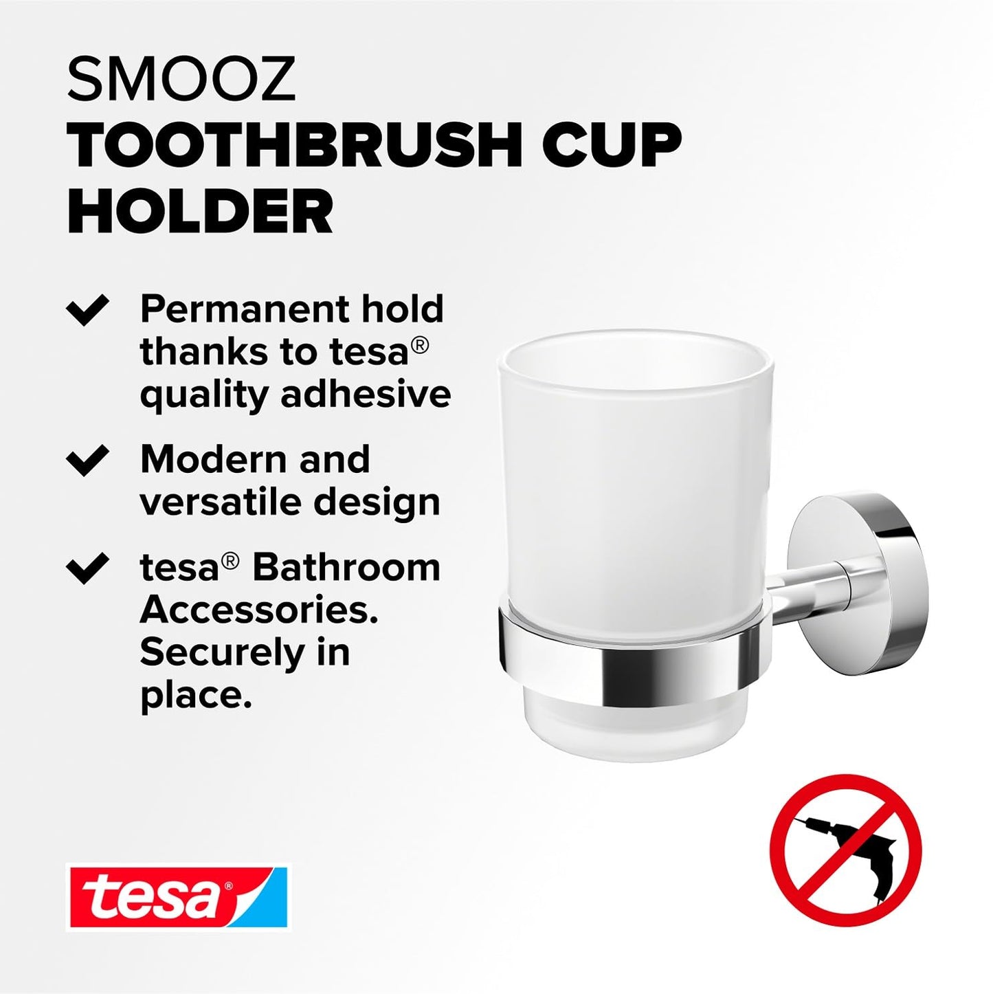 tesa SMOOZ Toothbrush and Toothpaste Holder - No Drill Wall Mounted Satined Cup with Chrome-Plated Holder, Stainless - Waterproof