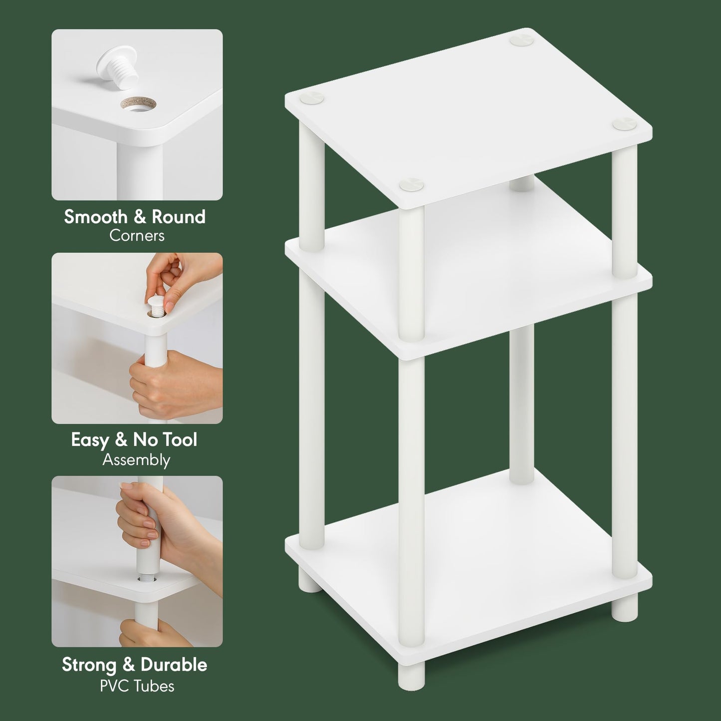 Furinno TURN-N-TUBE Side Table, 3-Tier End Table, Night Stand, Bedside Table, for Living Room, Bedroom, White