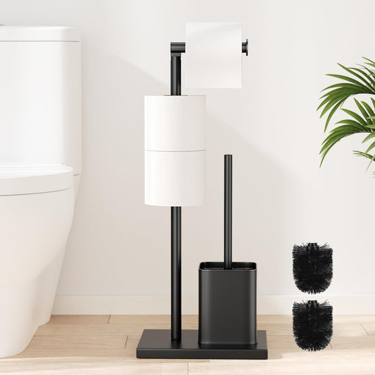 Stainless Steel Toilet Roll Holder with Toilet Brush - Toilet Roll Holder Free Standing, Susswiff Toilet Paper Holder and Toilet Brush, Matte Black