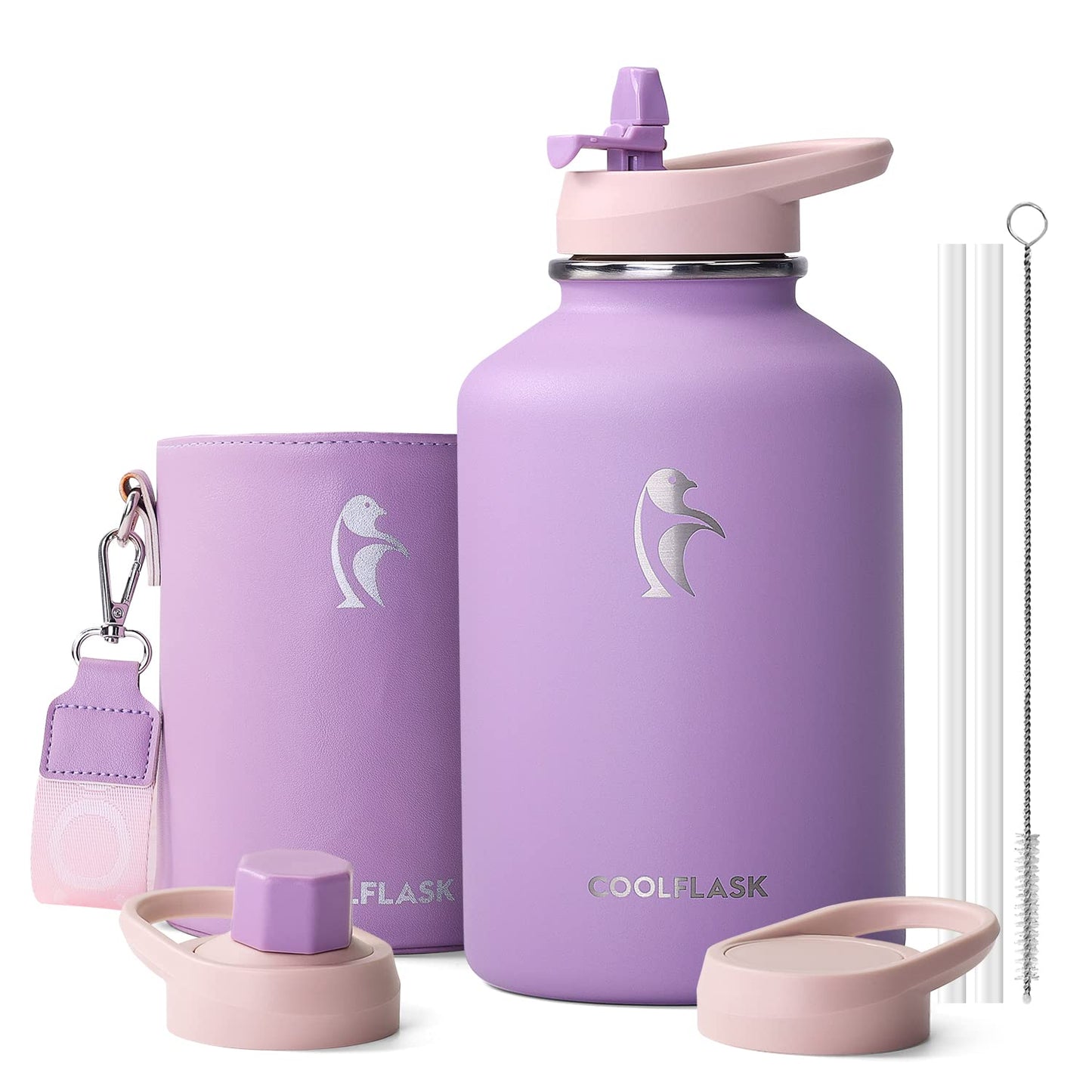 Coolflask 2L/64oz Water Bottle Insulated with PU Leather Sleeve, Stainless Steel Water Bottle Color Contrast with Straw Lids, Half Gallon Metal Water