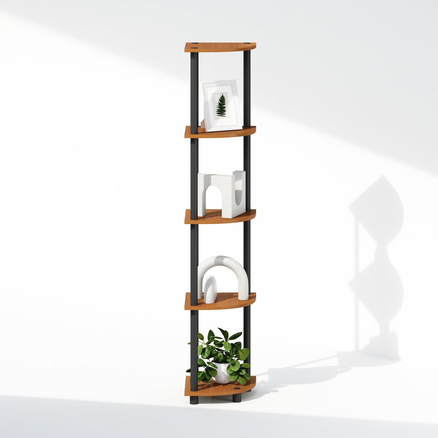 Furinno TURN-N-TUBE Corner Shelf, 5-Tier Corner Display Rack, Shelving Unit, for Organization and Storage, Living Room, Home Office, Garage, Bedroom