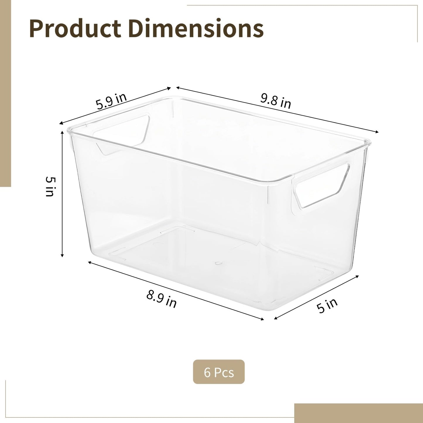 YAGOKKI 6 Pcs Clear Plastic Storage Bins with Handles - Fridge Organiser, Stackable Kitchen Cupboard Organisation for Pantry, Bathroom, Craft Room