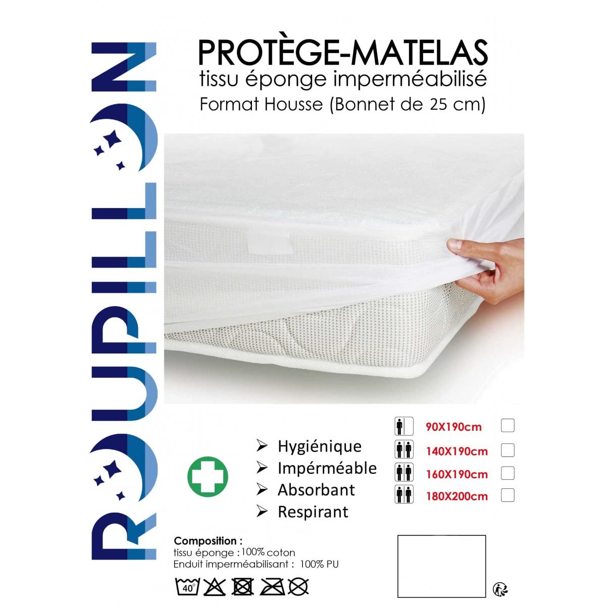 ROUPILLON Home Passion 100% Cotton Fleece Mattress Protector, 160 x 200 + 25 cm, Size: