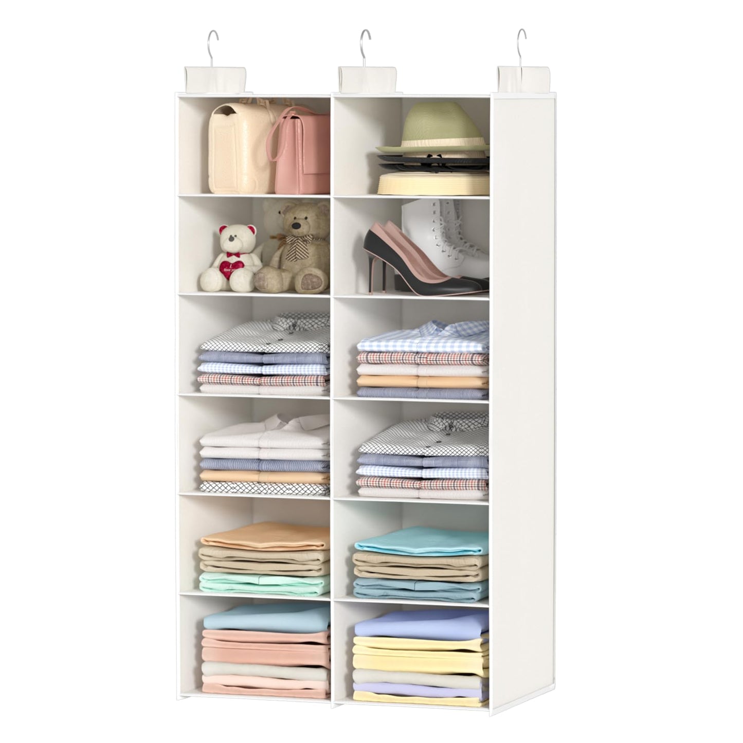 ALLTIDYUP Double Row Folding Hanging Wardrobe Organiser with 6 Compartments, 12 Pockets and 3 Hooks, Space Saving for Clothes-White
