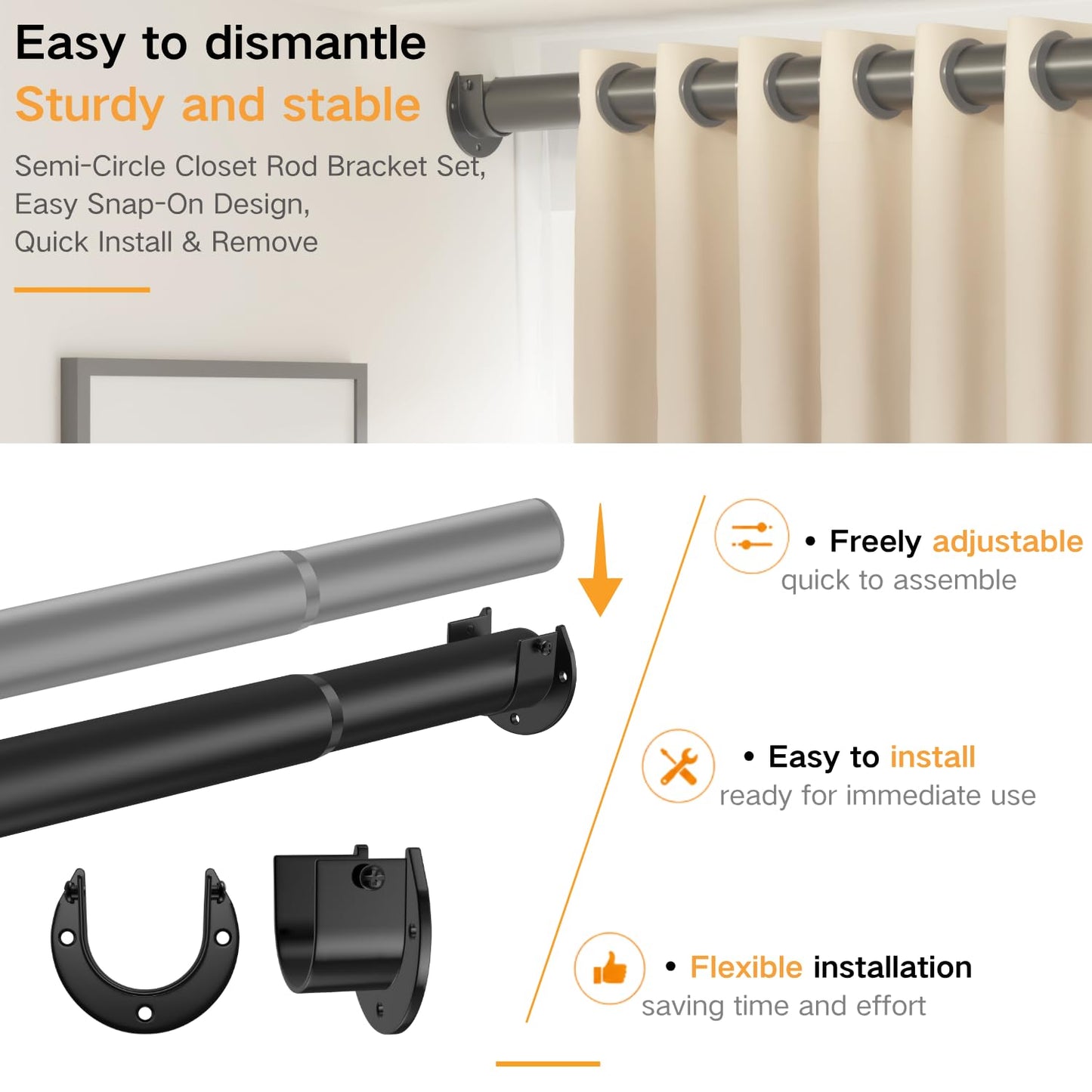 Curtain Rod Extendable Curtain Pole Wardrobe Rail Heavy Duty 32mm Adjustable Hanging Rail with Brackets White 85-160cm