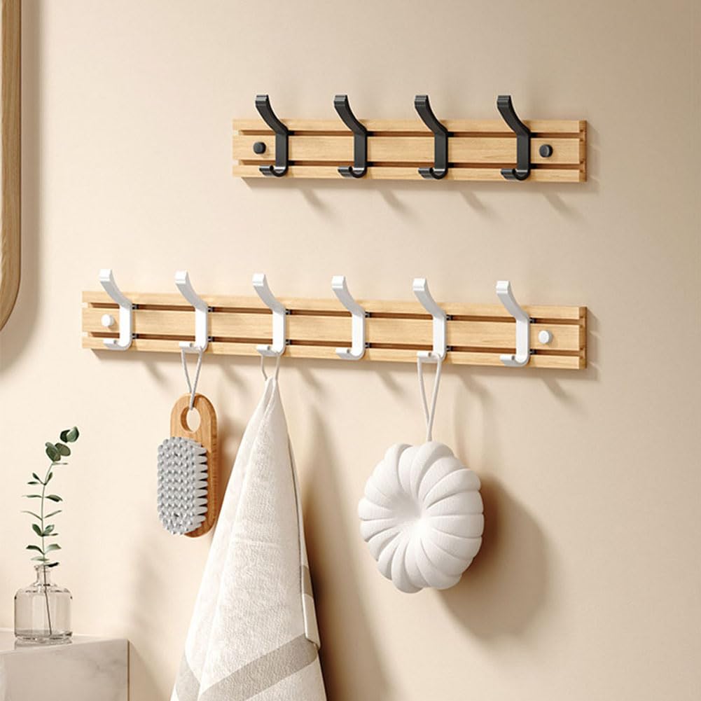 Koomuao Jumuao Bamboo Wall Mounted Coat Rack, 4 Hooks for Hanging Clothes, Bathrobes, Towels, Coats Wall Hook for Entryway, Bedroom, Bathroom