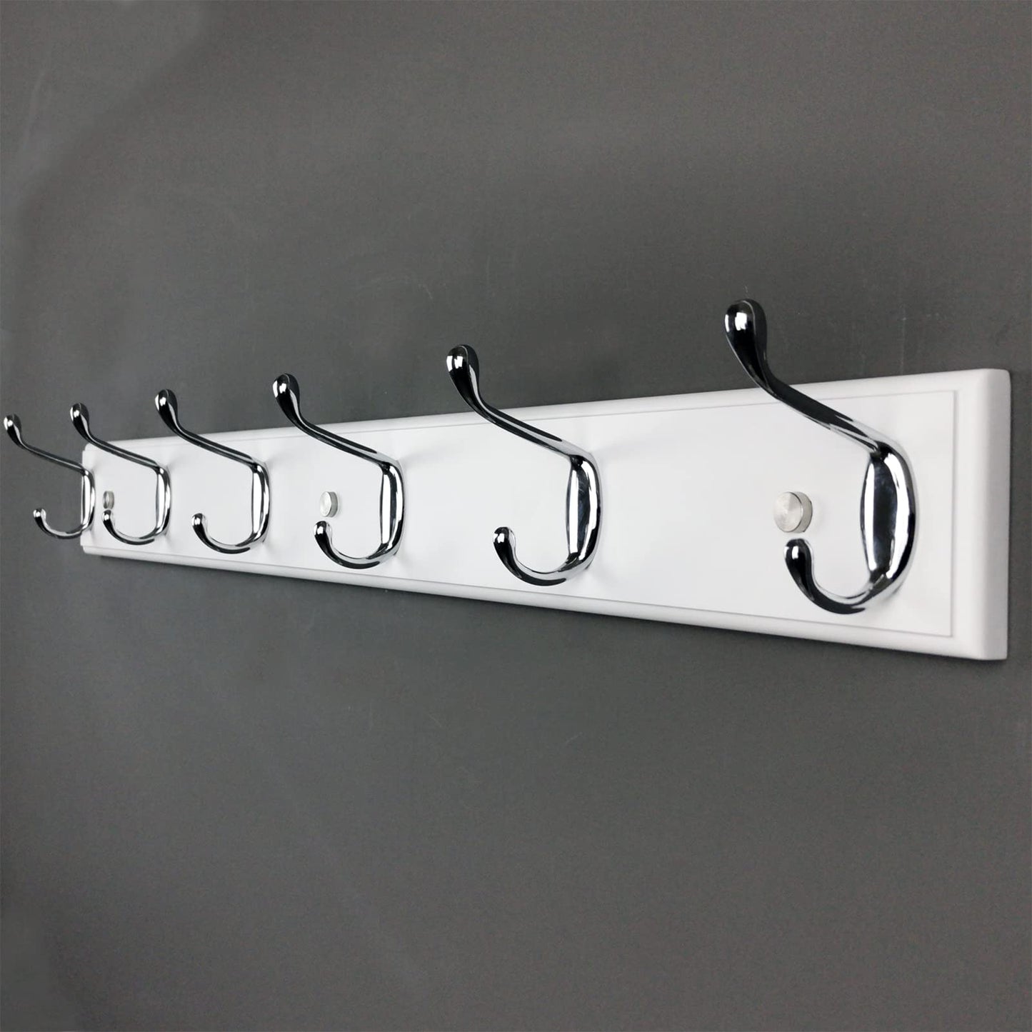 lomejii Long Wooden wall Mounted Coat Rack Wood White 6 Hooks, 70 cm, Sturdy Silver Coat Hook Rack for Clothes, Hats, Bags