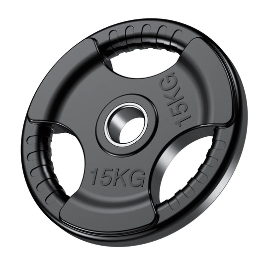 PhysKcal Olympic Weight Plates 1 x 15kg with Rubber Finish 2?? Opening and Tri-Grips, Black Barbell Plates Discs for Lifting and Strength Training,
