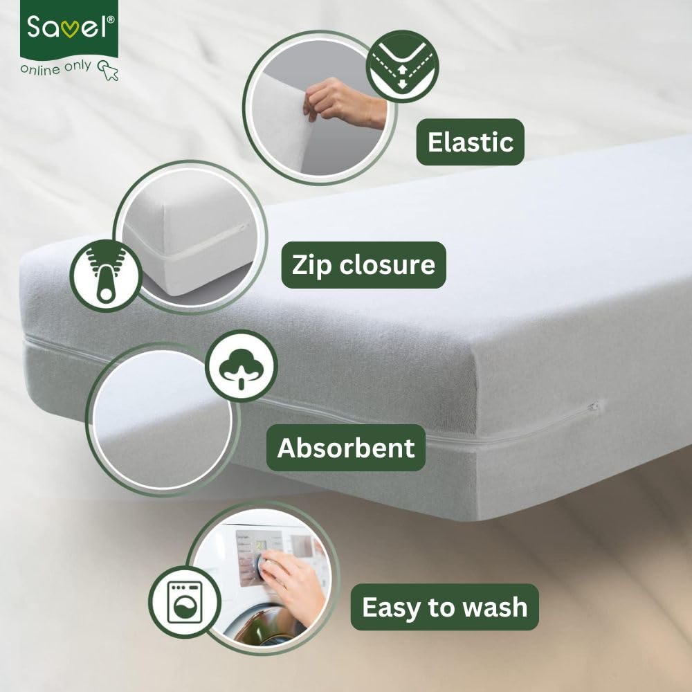 SAVEL - Mattress Encasement (105x190/200 cm) Single Size | Adjustable and Elastic | Absorbent Mattress Protector - White