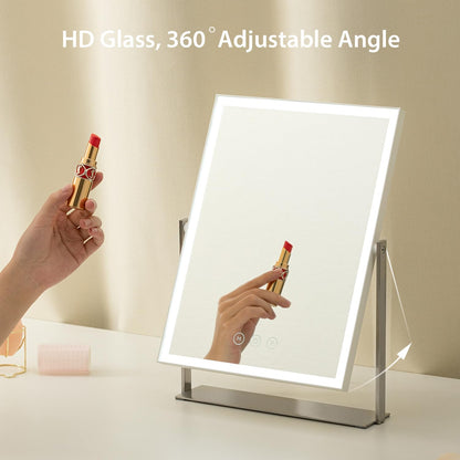 NEZZOE Rechargeable Makeup Mirror with Light, 35cm Rectangular Vanity Mirror with 3 Color Light, 360Ratation LED Mirror, Metal Stand Base Dressing