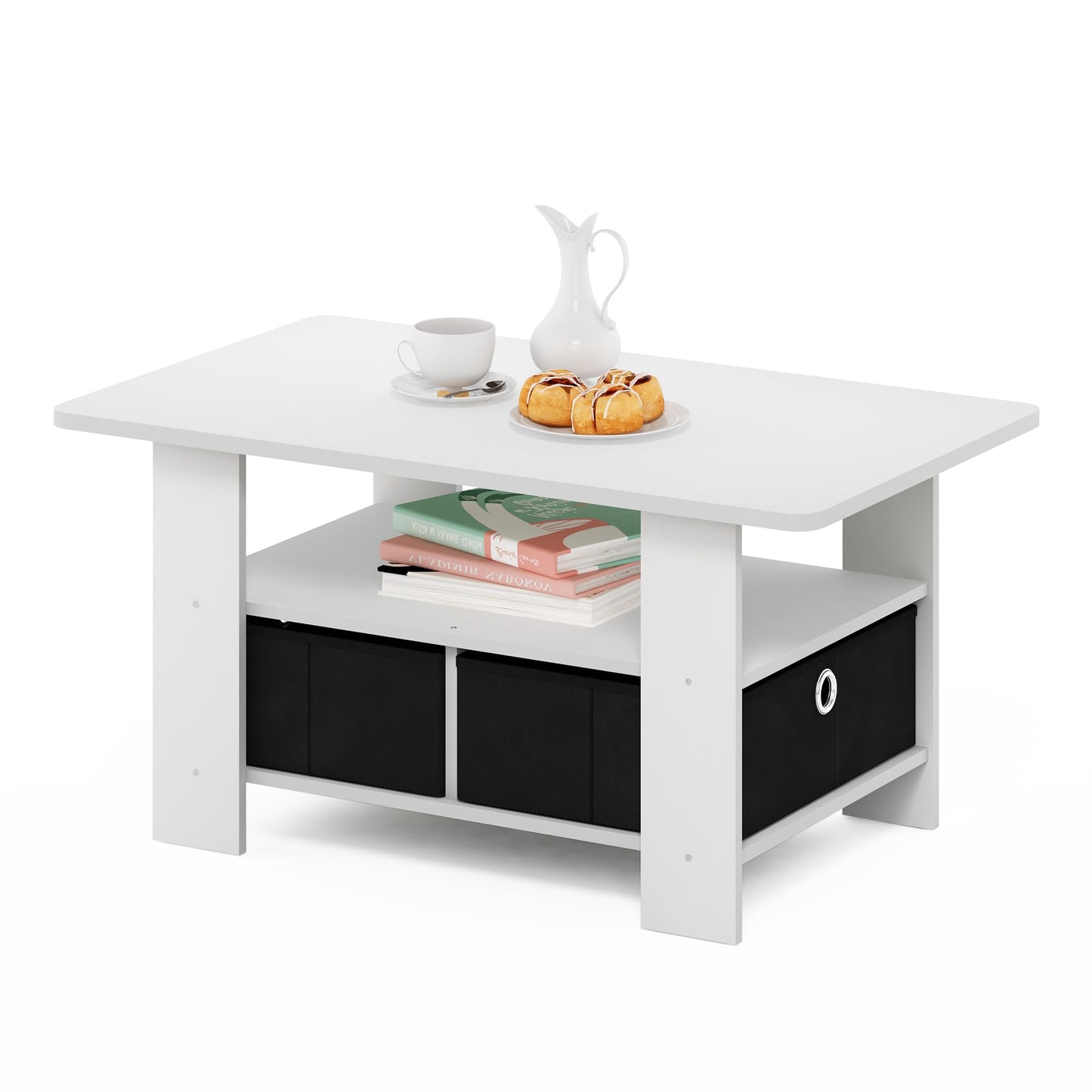 Furinno ANDREY Coffee Table, Small Modern Coffee Table with Storage and Bin Drawer, Side Table for Living Room, Bedroom, Home Office, White