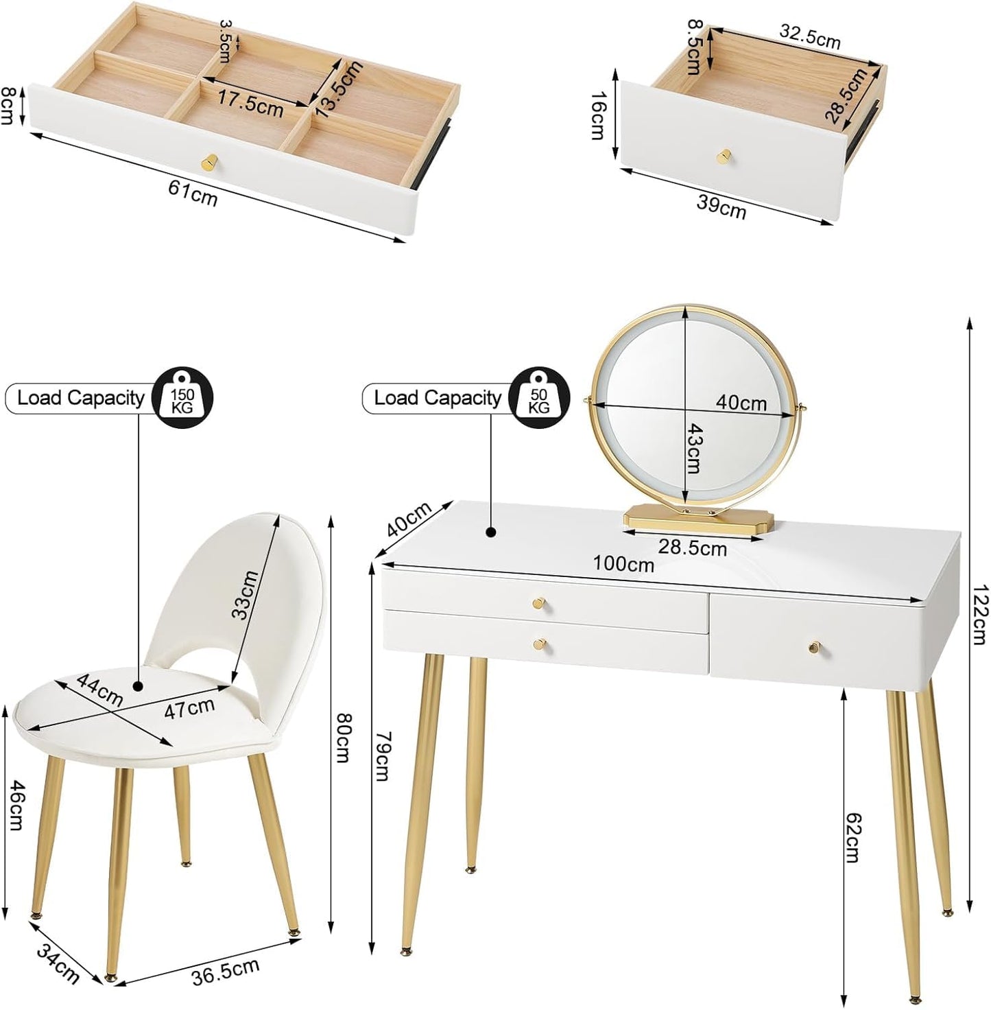 WOLTU Dressing Table with LED Mirror, Adjustable Brightness, White