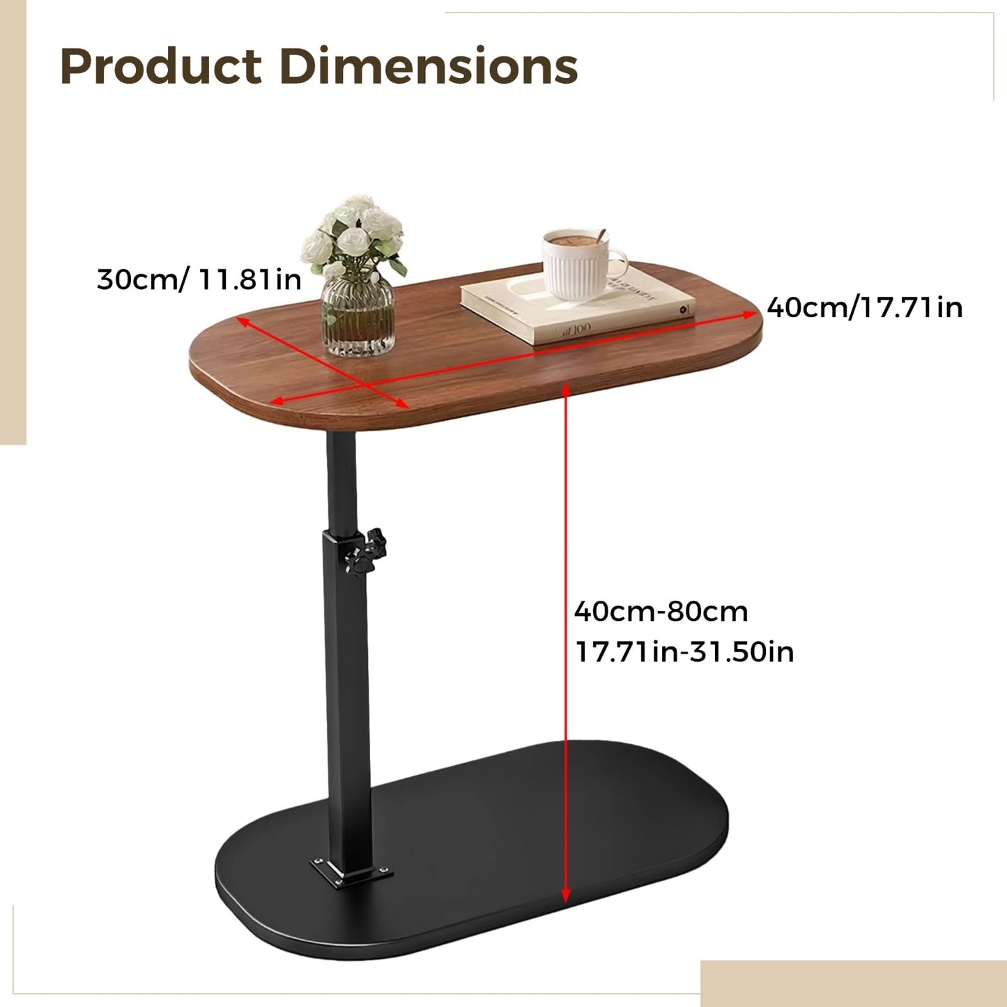 Packool Adjustable C Shaped Sofa Side Table, Swivel End Table for Couch, Modern Mini Table with Wooden Top, Height Adjustable from 45cm to 80cm
